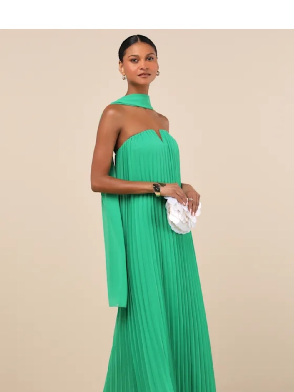 Lulu's Vibrant Green Strapless Pleated Gown with Neck Sash